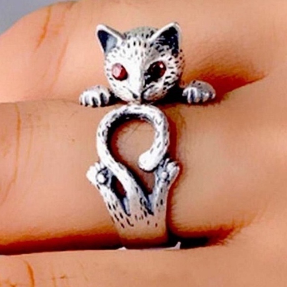 925 Silver Adjustable Kitten Ring cat red eyes